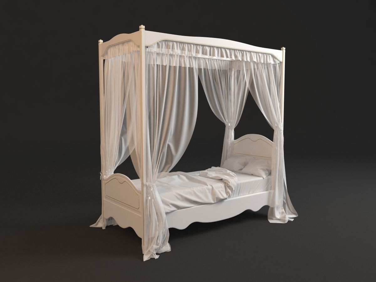 4 Poster Bed with Curtains 3D model_1