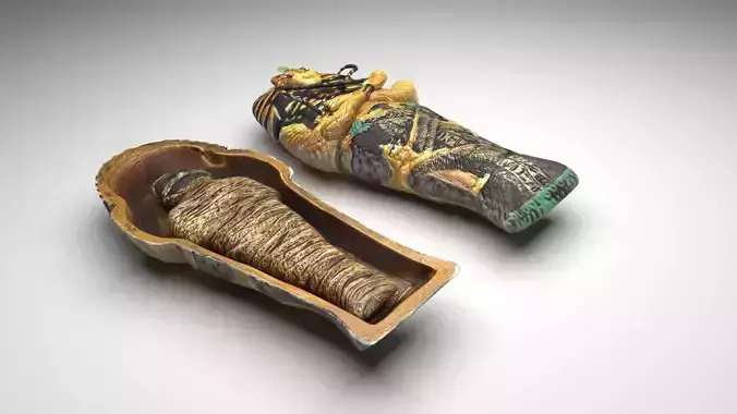 Opened and Closed Ancient Egyptian Tutankhamun Mummy Coffin