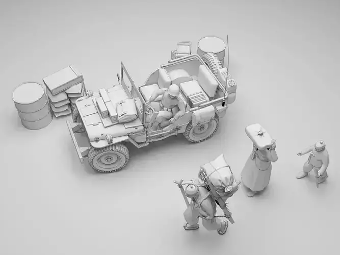 Korean War refugees and soldiers in jeeps  simple model