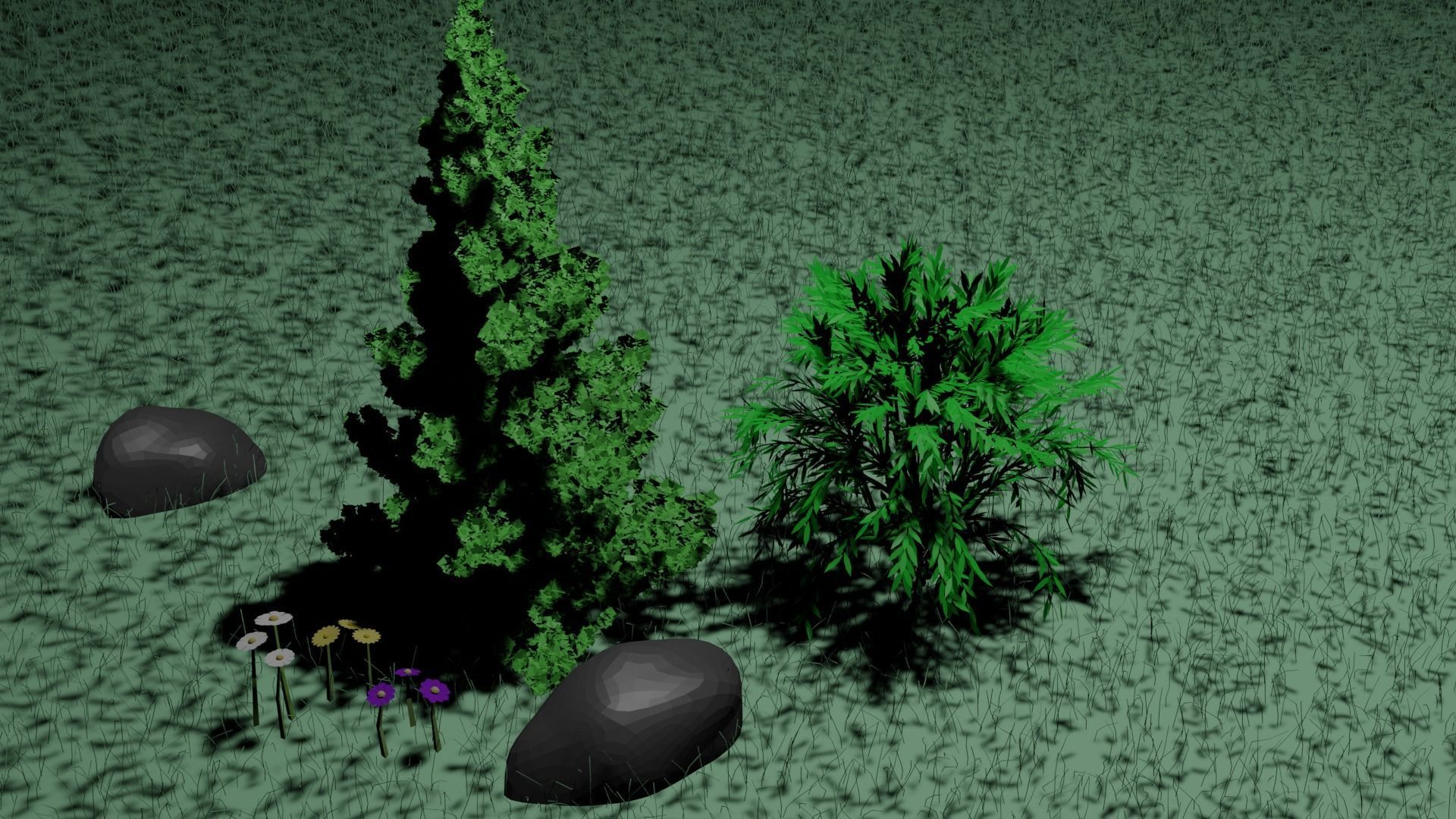 FOREST SET TREES FLOWERS GRASS ROCK Low-poly 3D model_1