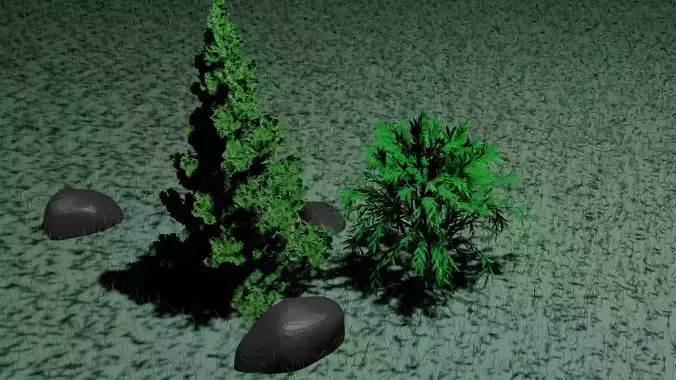 FOREST SET TREES FLOWERS GRASS ROCK