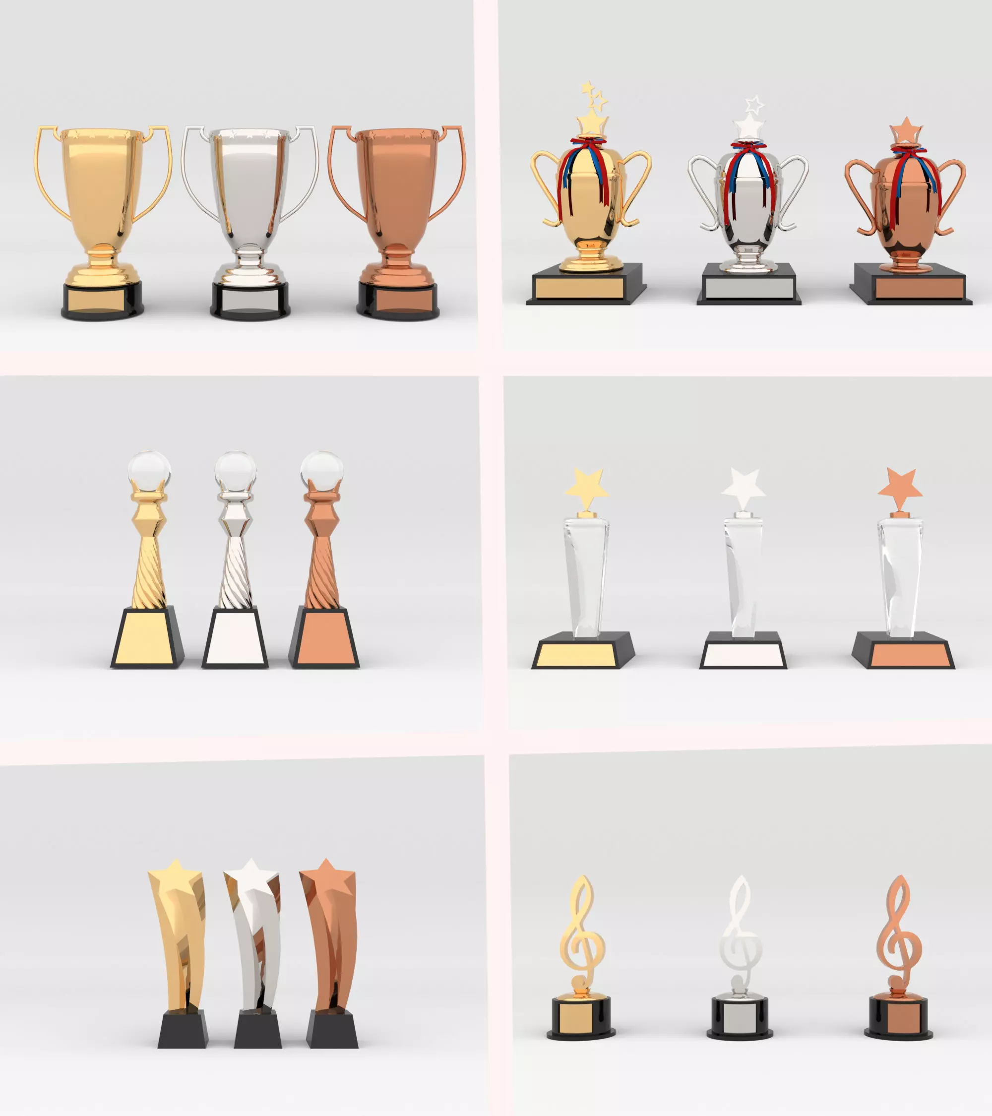 Award Prize 6 Trophies pack with 3 medal 3D model_0