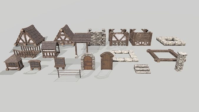 Modular Medieval House Low-poly 3D model 2