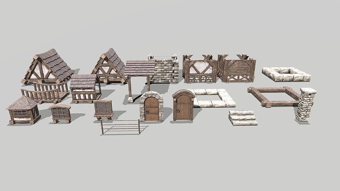 Modular Medieval House Low-poly 3D model 3