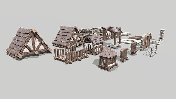 Modular Medieval House Low-poly 3D model 4