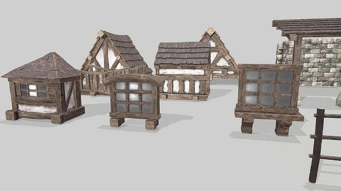 Modular Medieval House Low-poly 3D model 6