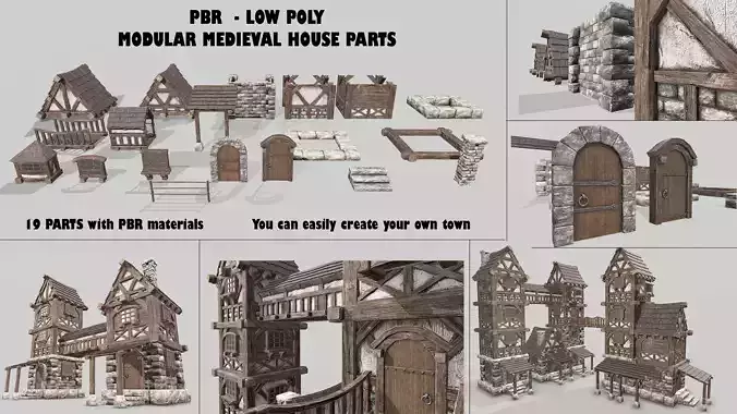 Modular Medieval House Low-poly 3D model