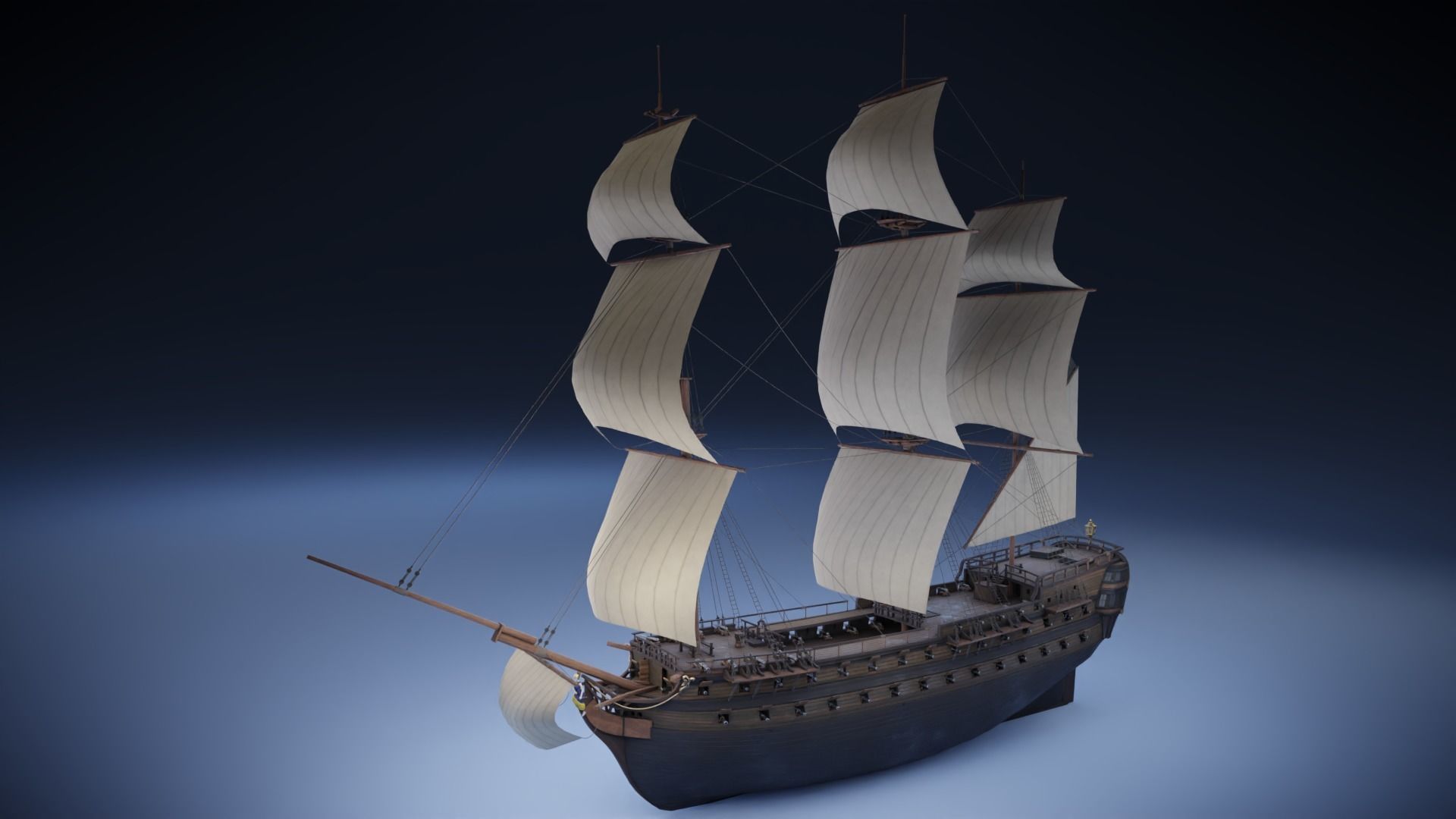 Seventy-four gun ship Low-poly 3D model_7