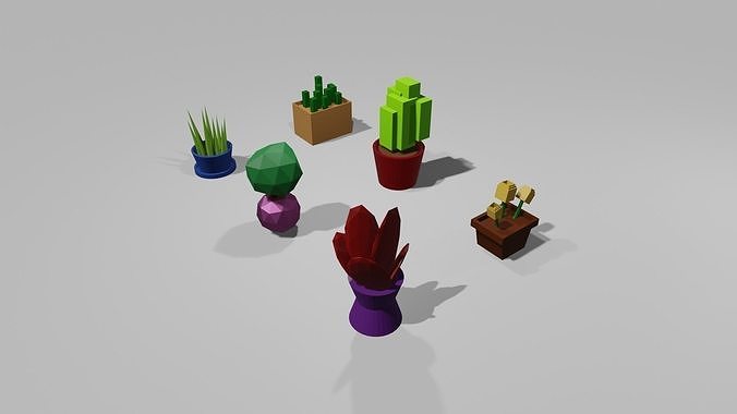 6 Low Poly Plants cactus in pots Free low-poly 3D model