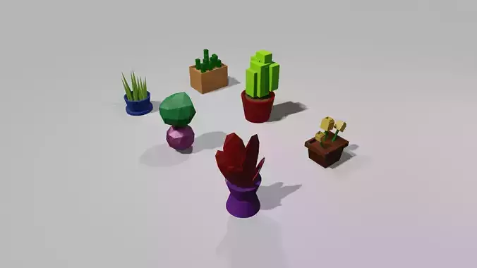 6 Low Poly Plants cactus in pots