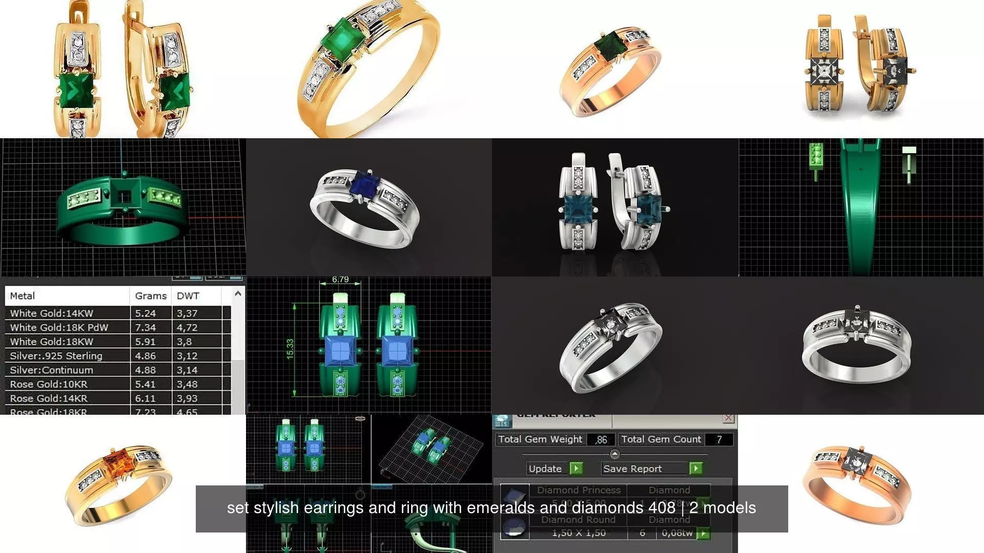 set stylish earrings and ring with emeralds and diamonds 408 3D Model Collection_1