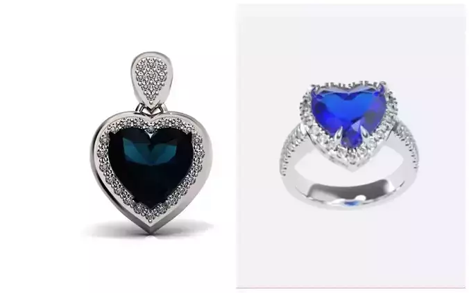 luxury set heart pendant and ring with stone shape of heart 3D Model Collection