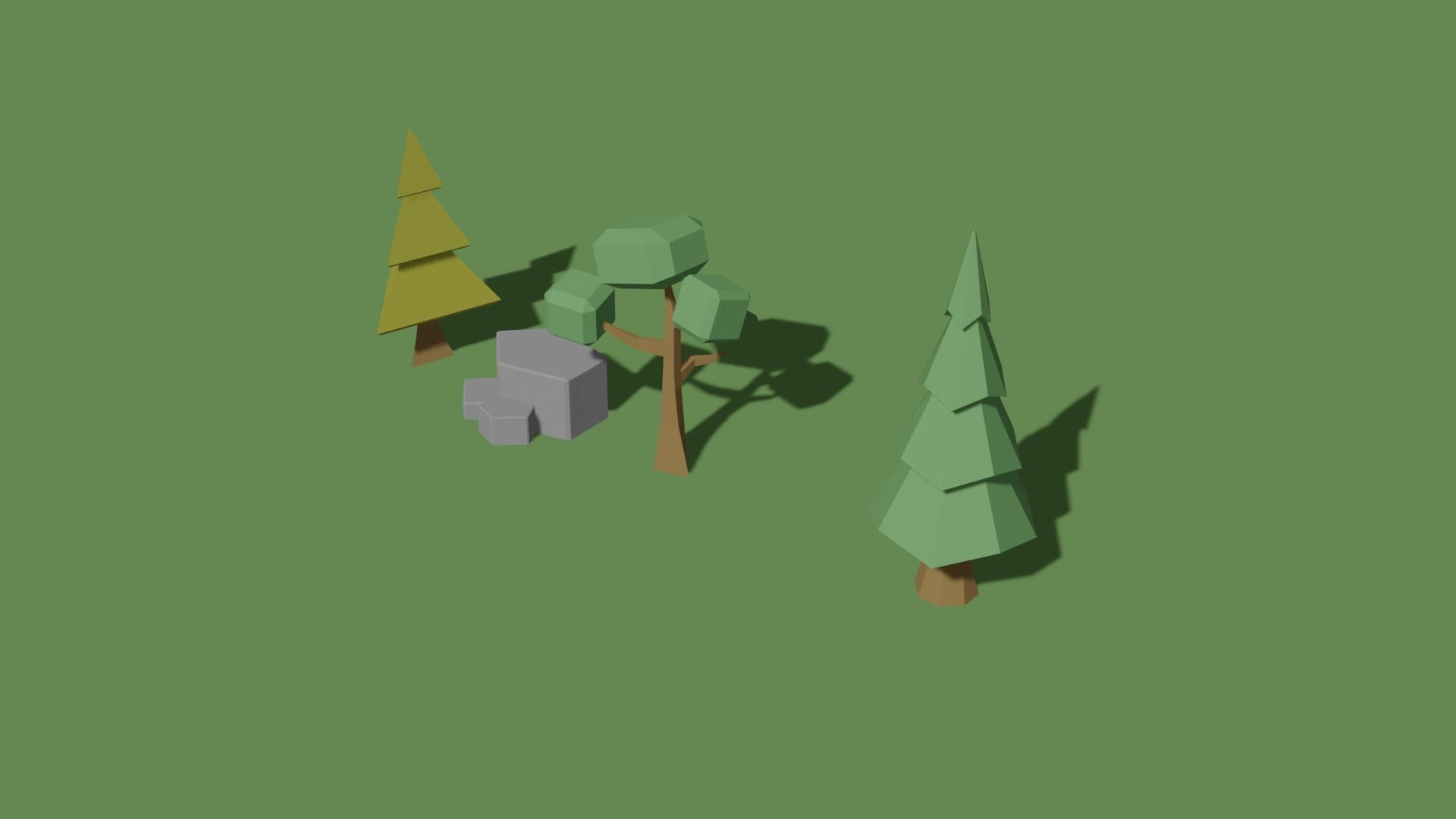 low poly trees three in grassy area Low-poly 3D model_1