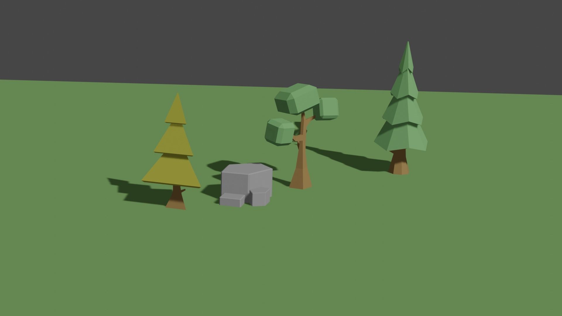 low poly trees three in grassy area Low-poly 3D model_2