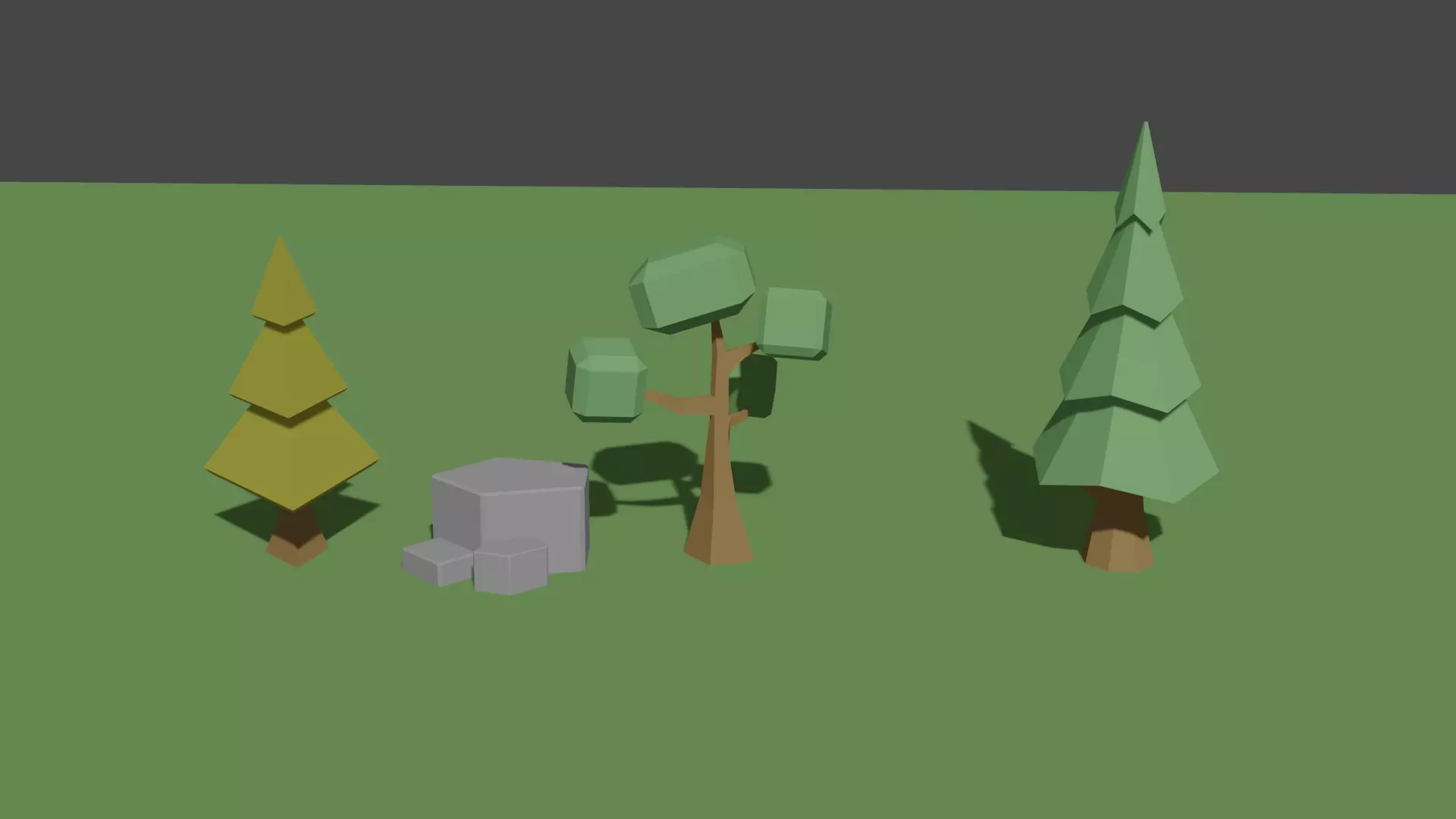 low poly trees three in grassy area Low-poly 3D model_0