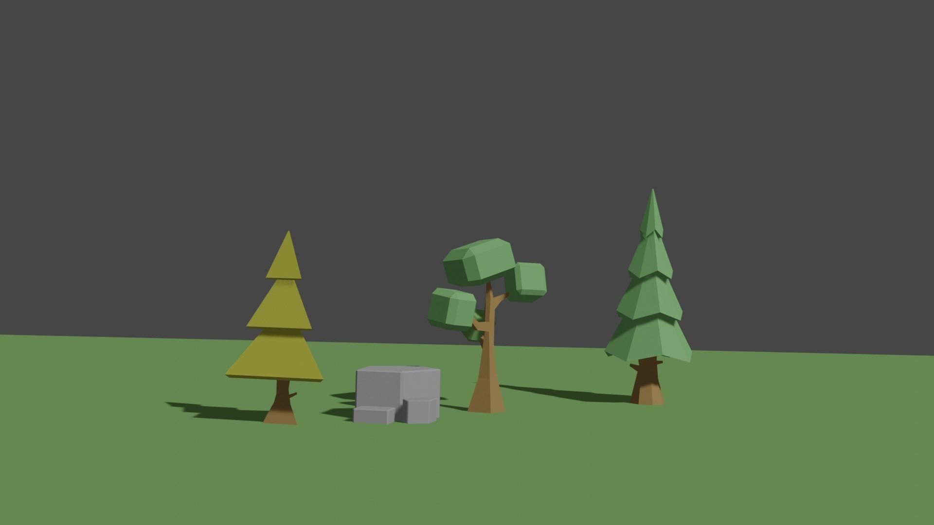low poly trees three in grassy area Low-poly 3D model_3
