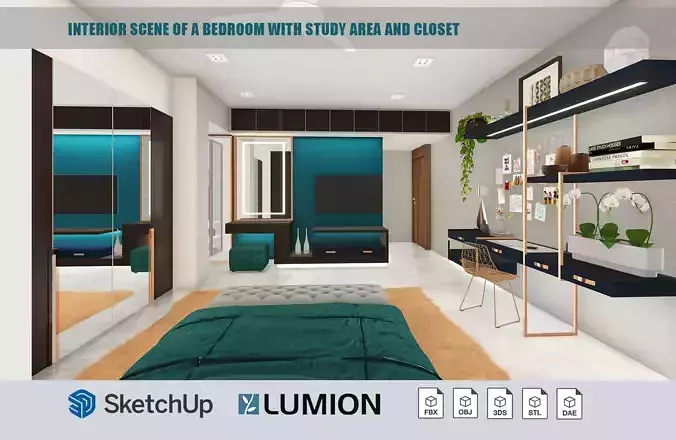 Interior scene of a Bedroom with study area and closet