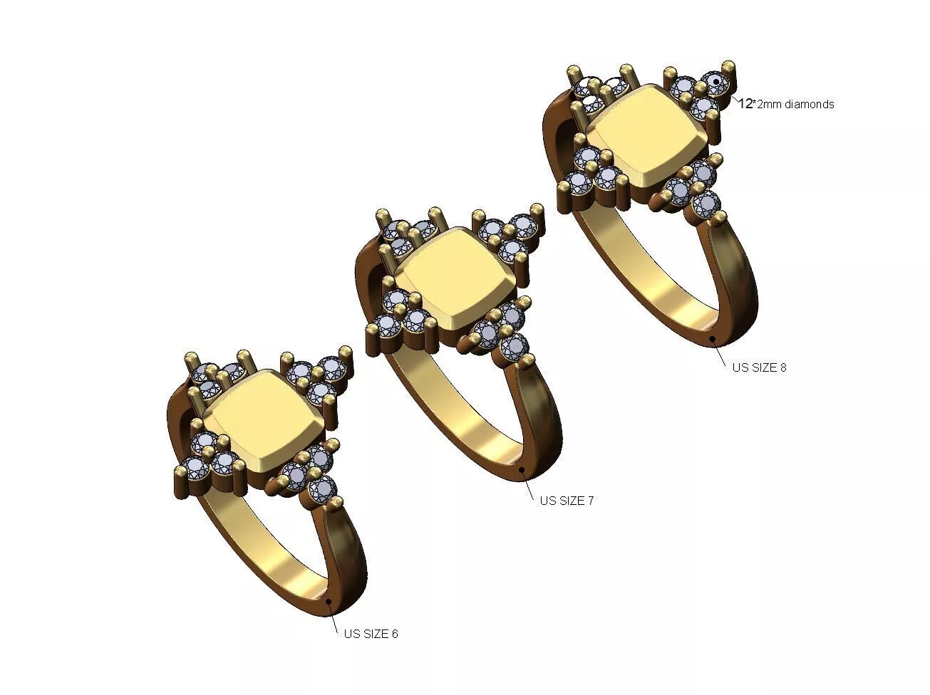 Micro square signet with cluster crowns US sizes 6 7 8 3D print model