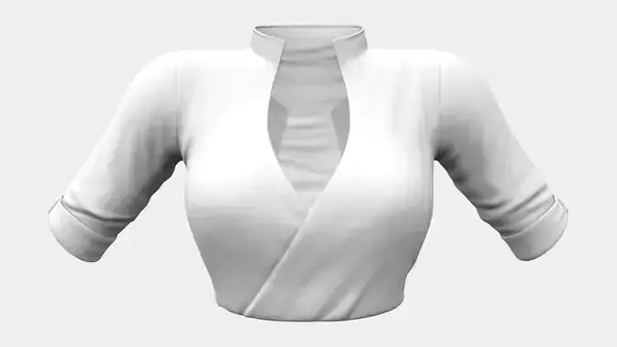 Tucked in White Wrapped Shirt Top Rolled Sleeves Standing Collar