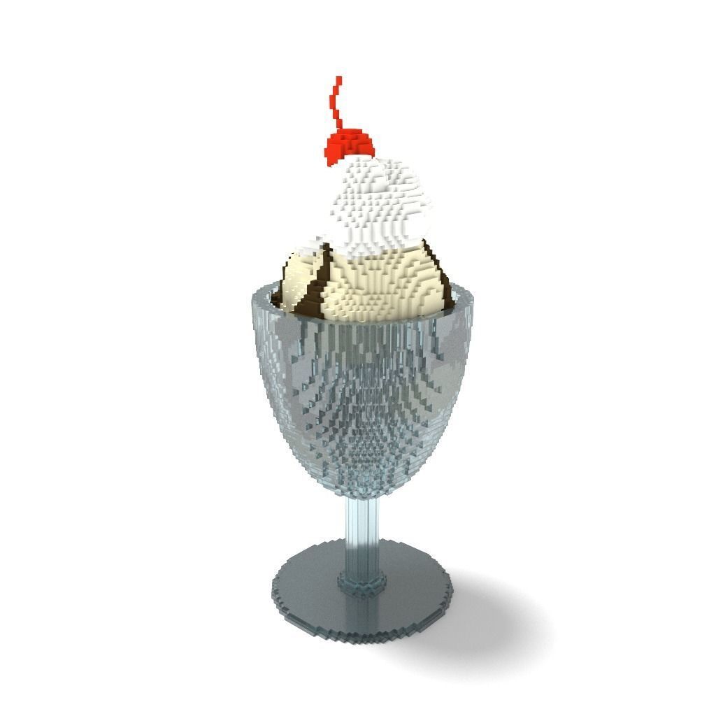 Voxel Cold Ice Cream Sundae Dessert in Parfait Glass 3D model_2