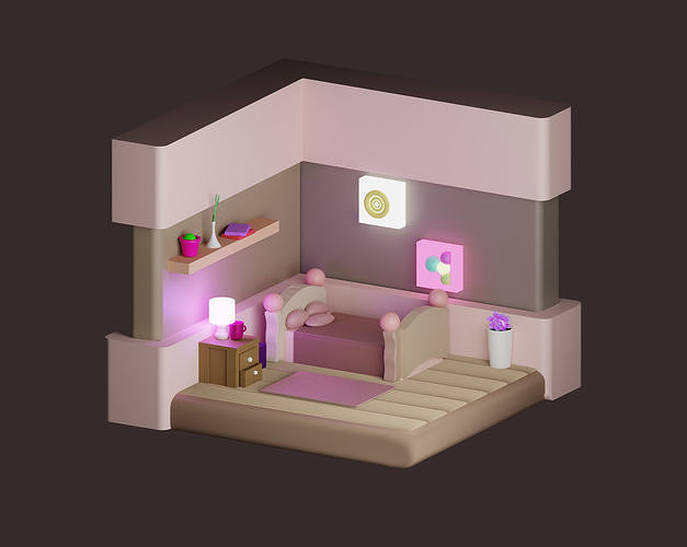 Isometric Cute Bedroom 3D  Low-poly 3D model