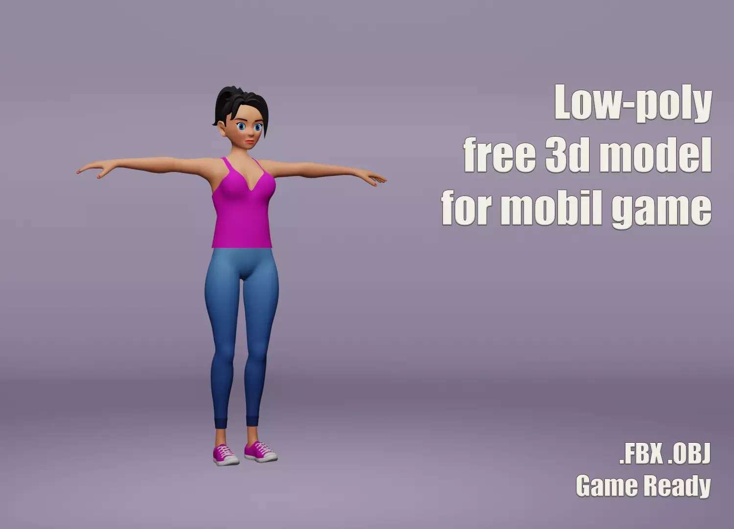 Female cartoon character Free low-poly 3D model_0