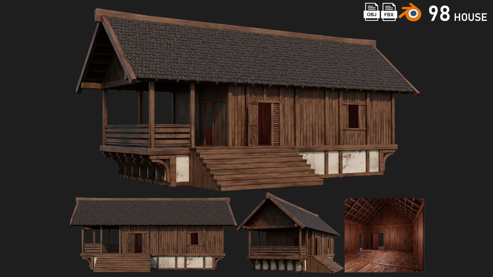 4 Old Medieval Houses Building Pack 4K Tex GameReady 97 to 100 Low-poly 3D model_2