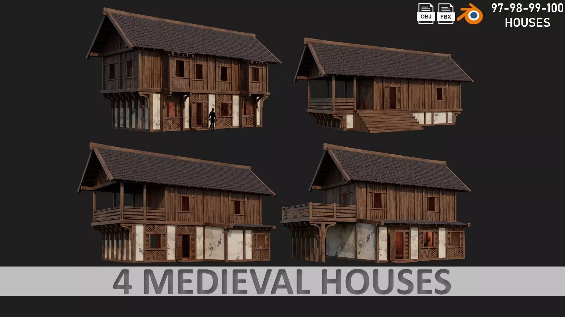4 Old Medieval Houses Building Pack 4K Tex GameReady 97 to 100 Low-poly 3D model_0