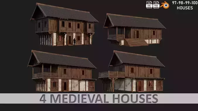 4 Old Medieval Houses Building Pack 4K Tex GameReady 97 to 100 Low-poly 3D model