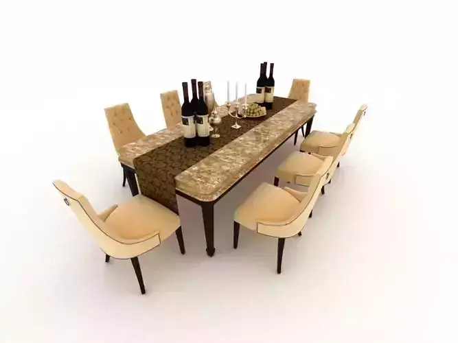 table dining with chairs and wine bottles