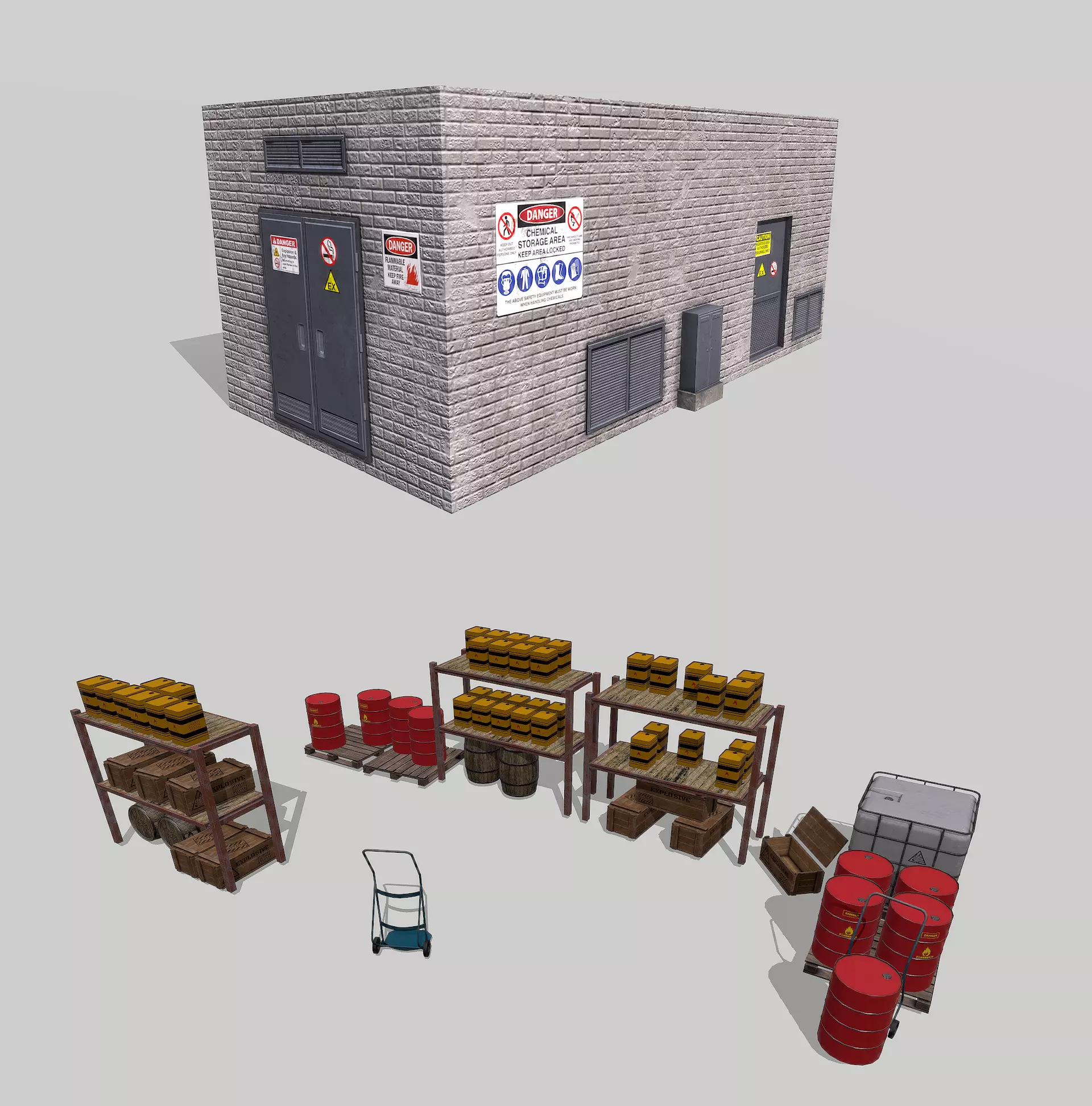 Chemical Explosive Wharehouse and Chemical Containers  Low-poly 3D model_0