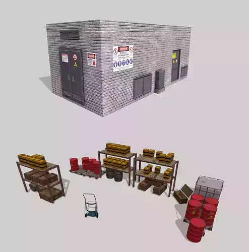 Chemical Explosive Wharehouse and Chemical Containers  Low-poly 3D model