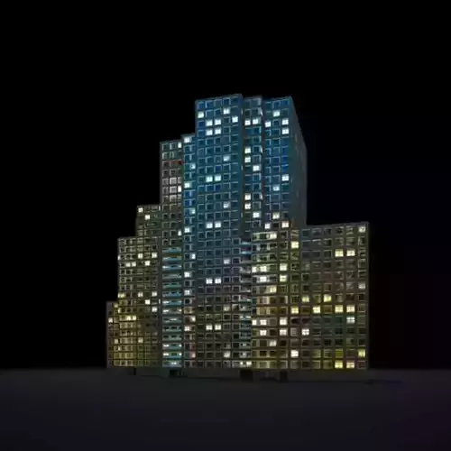 Skycraper city building lit up at night