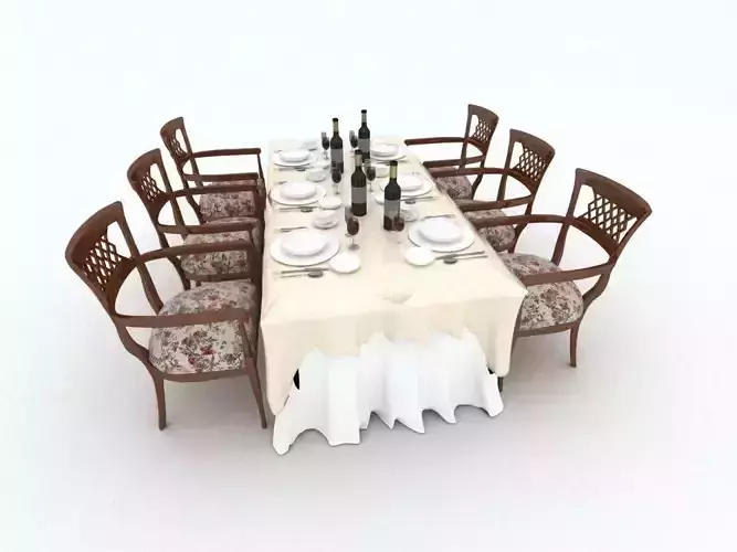 table with chairs and wine glasses 3D model
