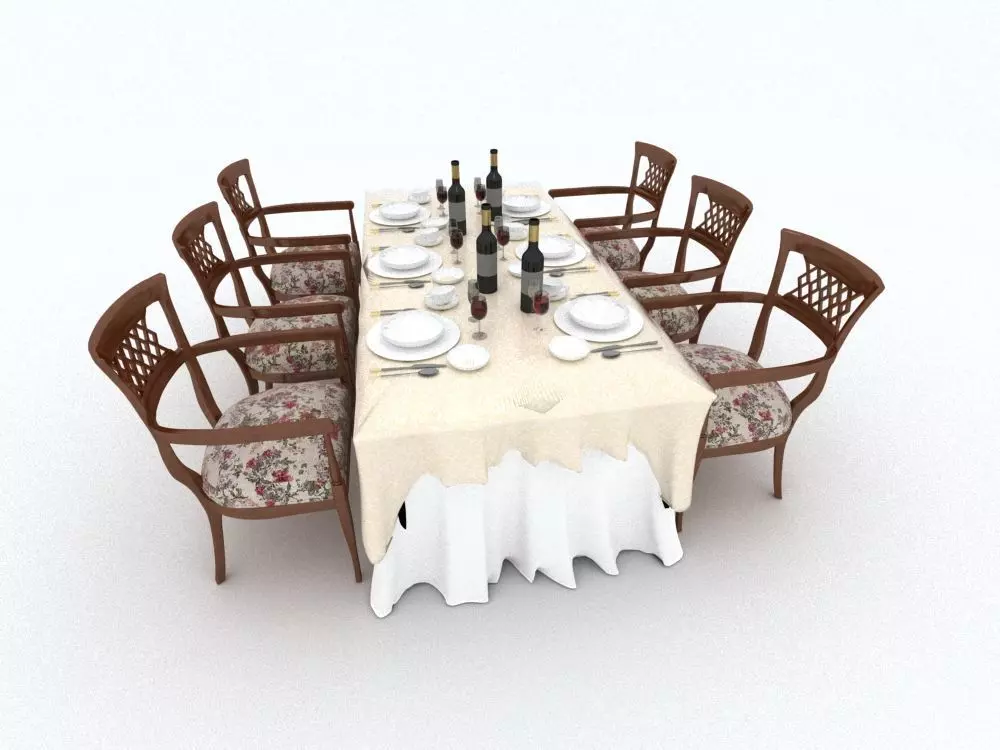 table with chairs and wine glasses 3D model_0