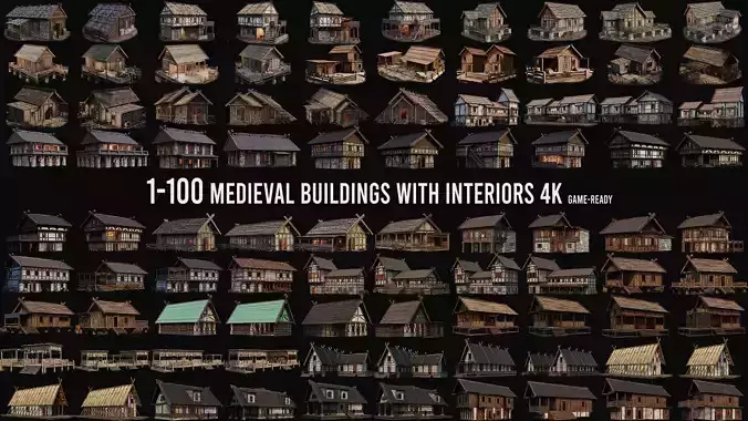 1 - 100 OLD MEDIEVAL HISTORICAL BUILDINGS PACK 4K GameReady Low-poly 3D model