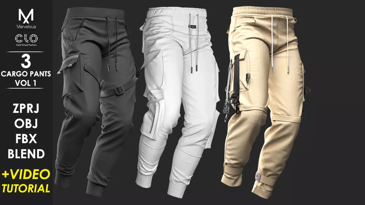 3 Cargo Pants - Marvelous Designer with Video Process 3D model_0