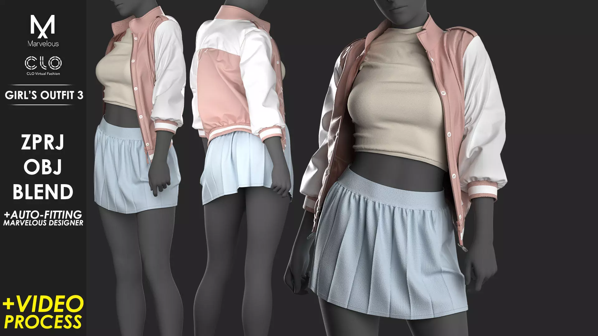 Girls Outfit 3 - Marvelous - CLO Project file - Video Process 3D model_0
