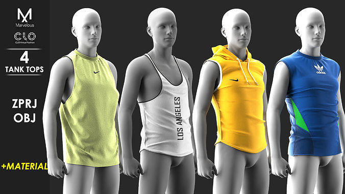 4 Male Tank Tops - Marvelous - CLO Project file 3D model