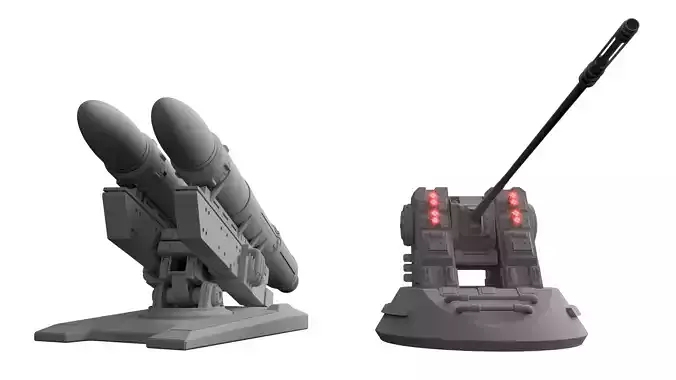 Lowpoly Missile Launcher Turret and Gun Turret Low-poly 3D model