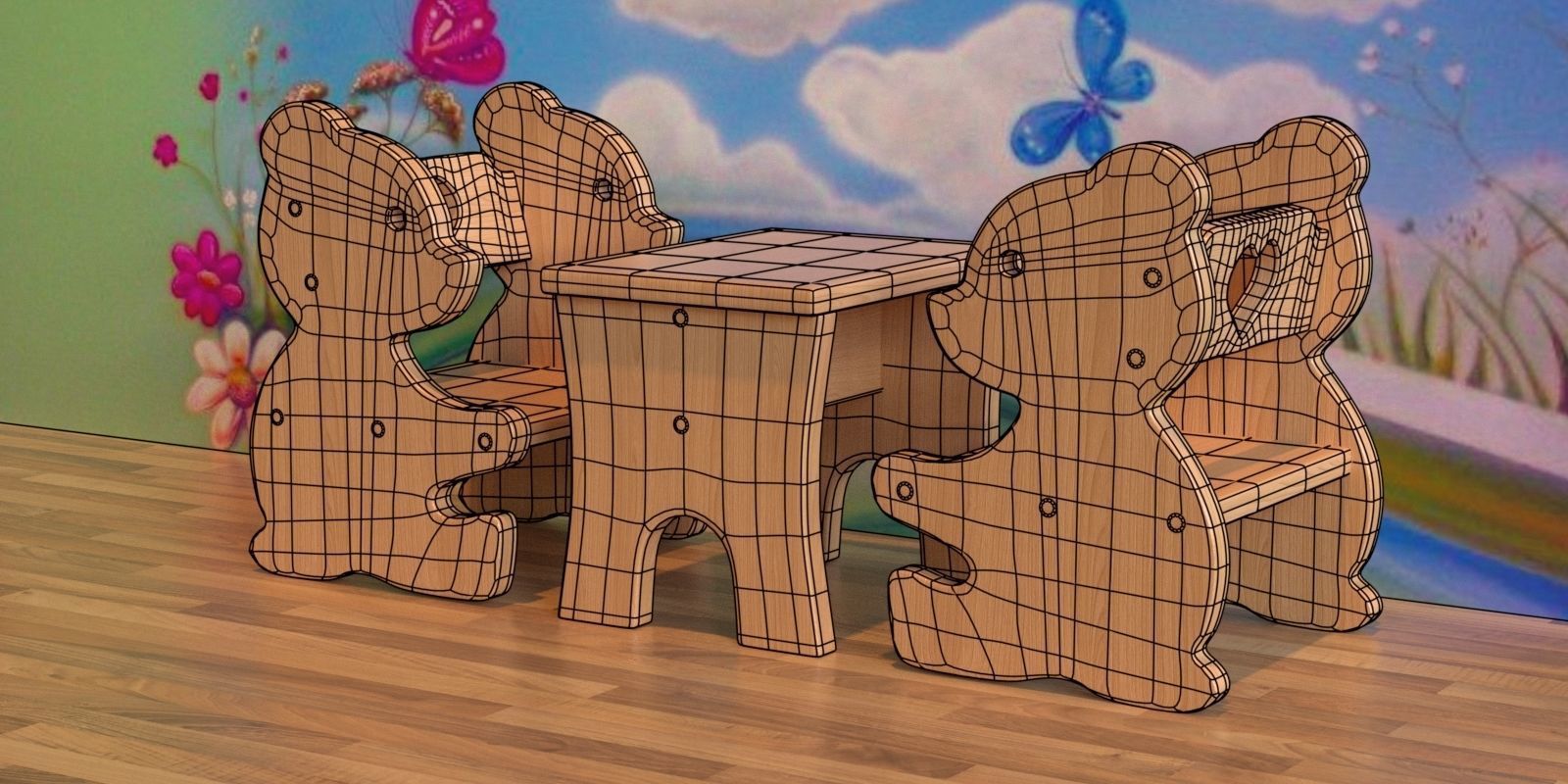 Table with chairs for a childrens room 3D model_3