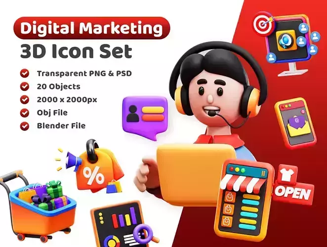 Digital Marketing Icon Pack 3D Model Low-poly 3D model