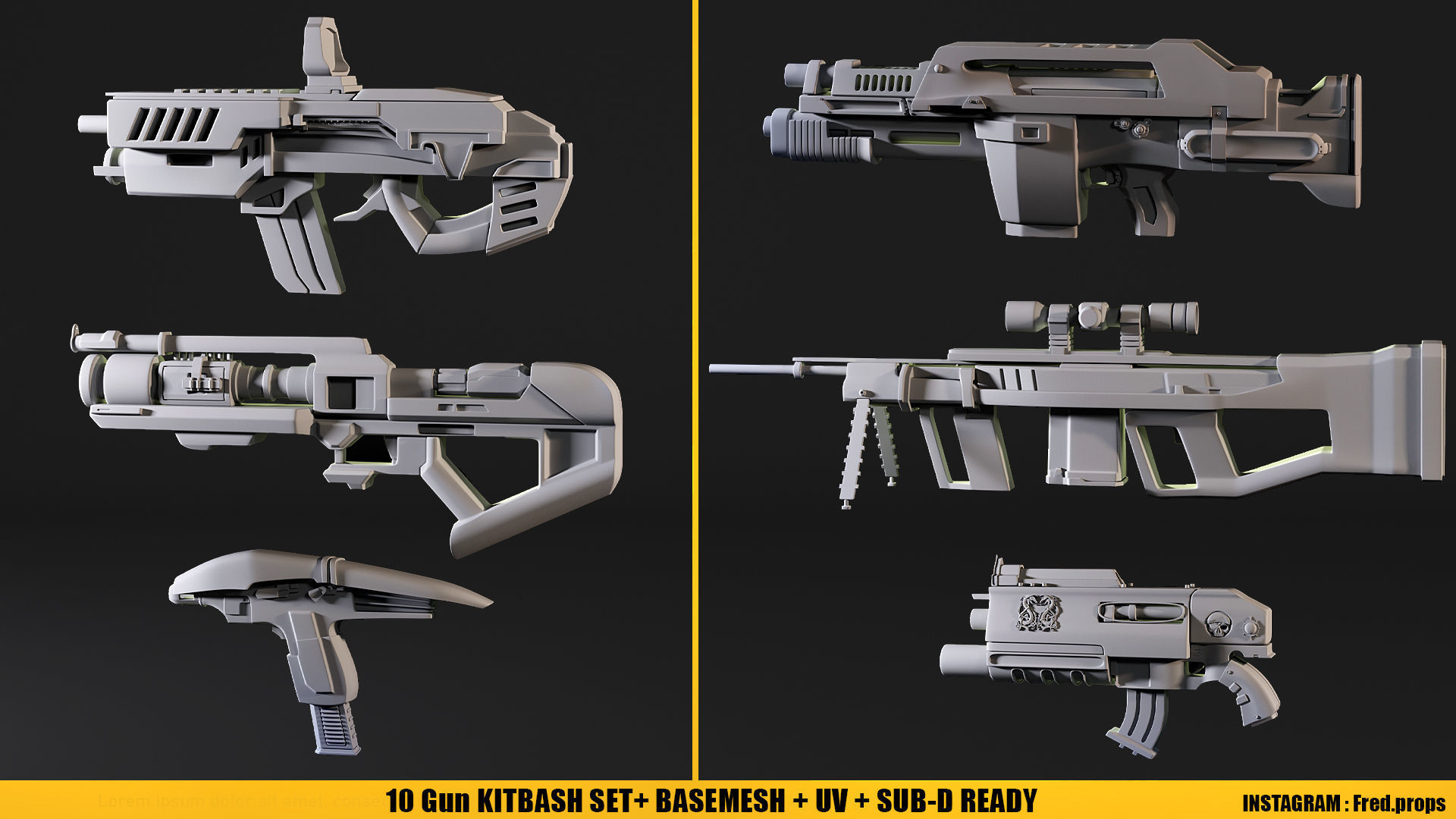 10 Scifi Gun KITBASHSET-UV Low-poly 3D model_1