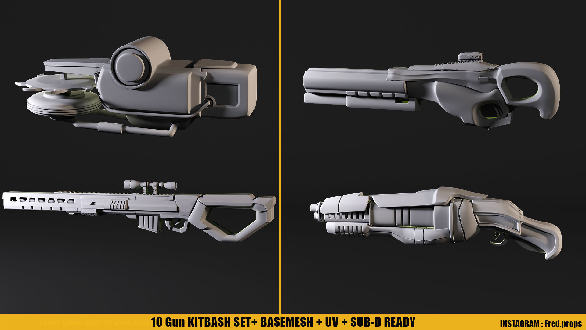 10 Scifi Gun KITBASHSET-UV Low-poly 3D model_2