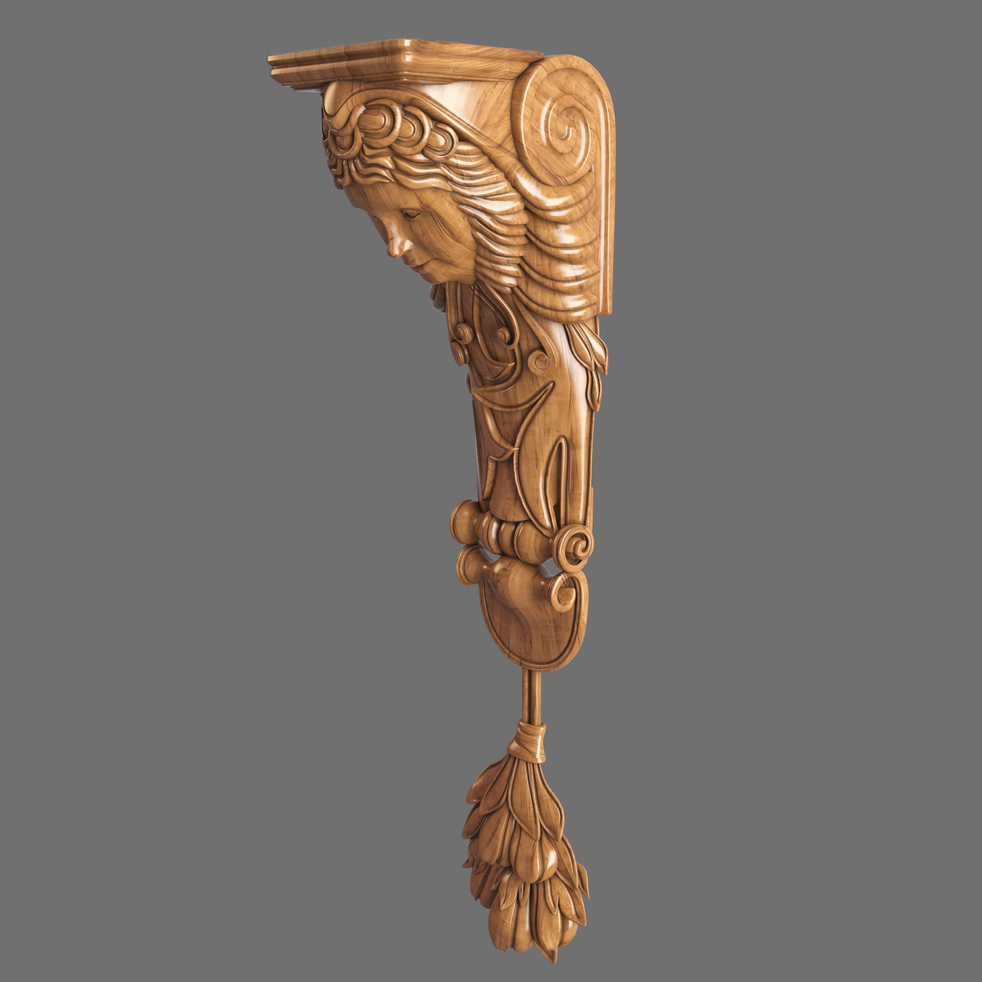 Caryatid ornate wooden shelf bracket 3D model_4