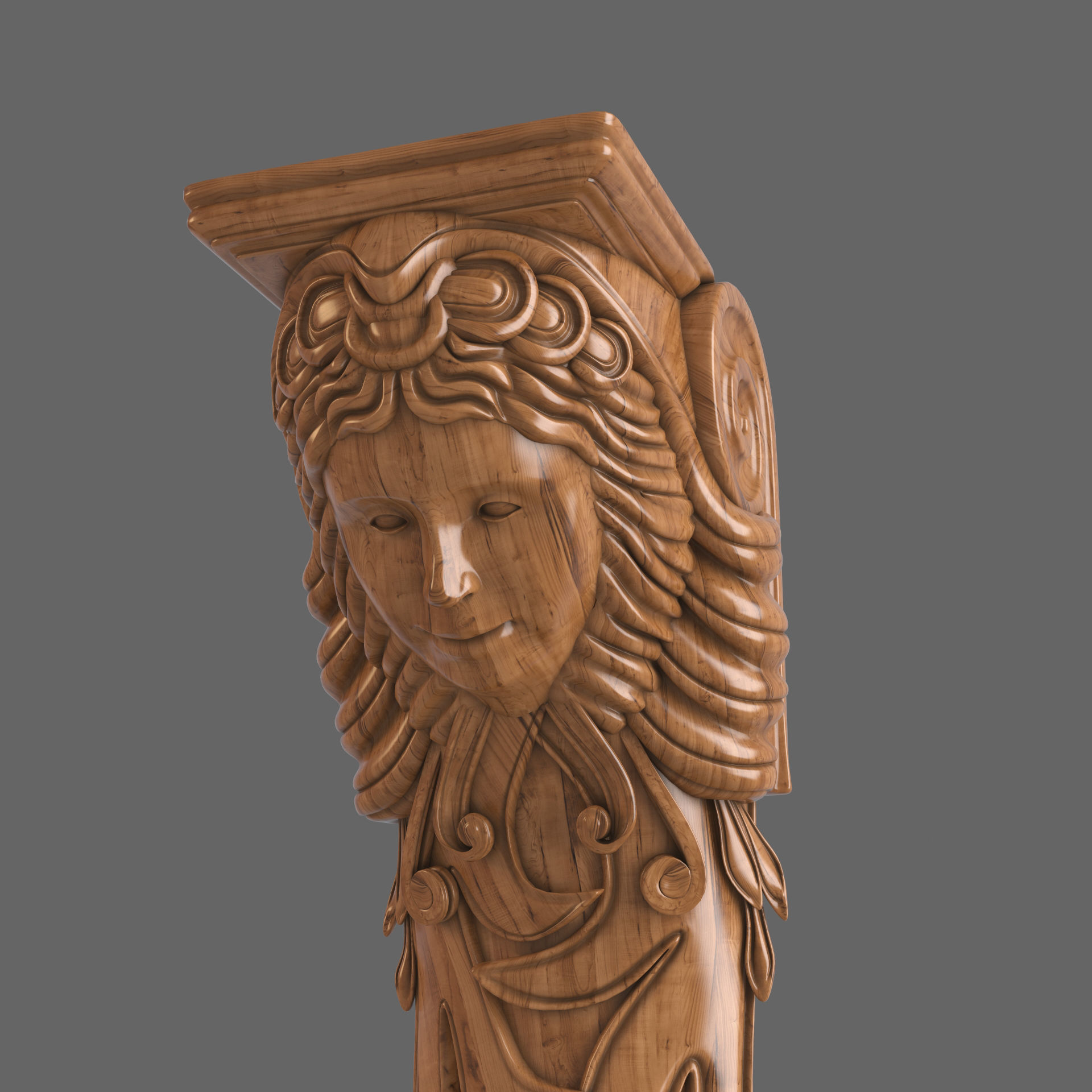 Caryatid ornate wooden shelf bracket 3D model_5