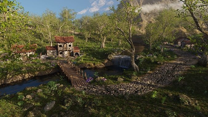 Medieval Bridge Scene 3D model 3