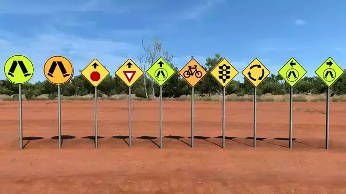 Australian Yellow Danger Road Signs Low-poly 3D model