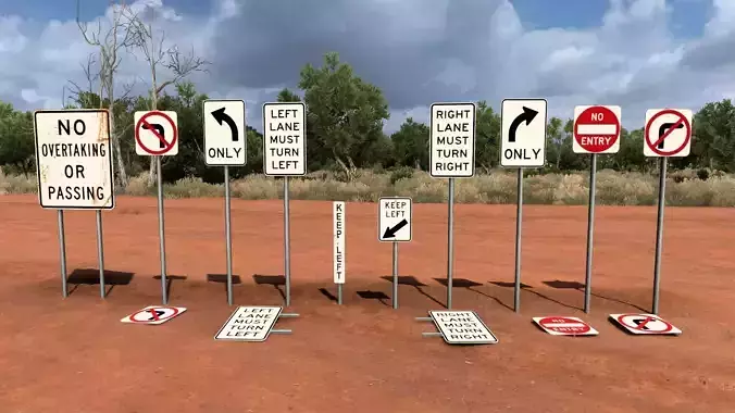 Australian Road White Signs No Right Turn etc Low-poly 3D model