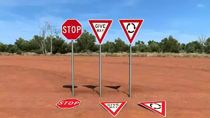 Australian Road Signs Stop Giveway Roundabout Low-poly 3D model